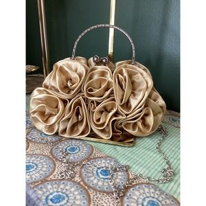 Champagne Gold Satin Rosette Evening Clutch Bag Floral Wedding Prom Formal Bag